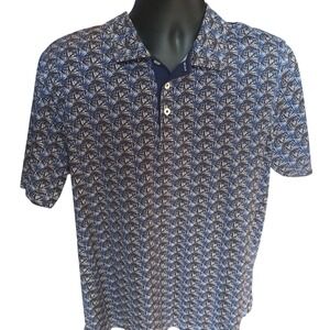 Bugatchi Polo Shirt L Blue OoohCotton Tech 8-Way Stretch Geometric Fan Pattern